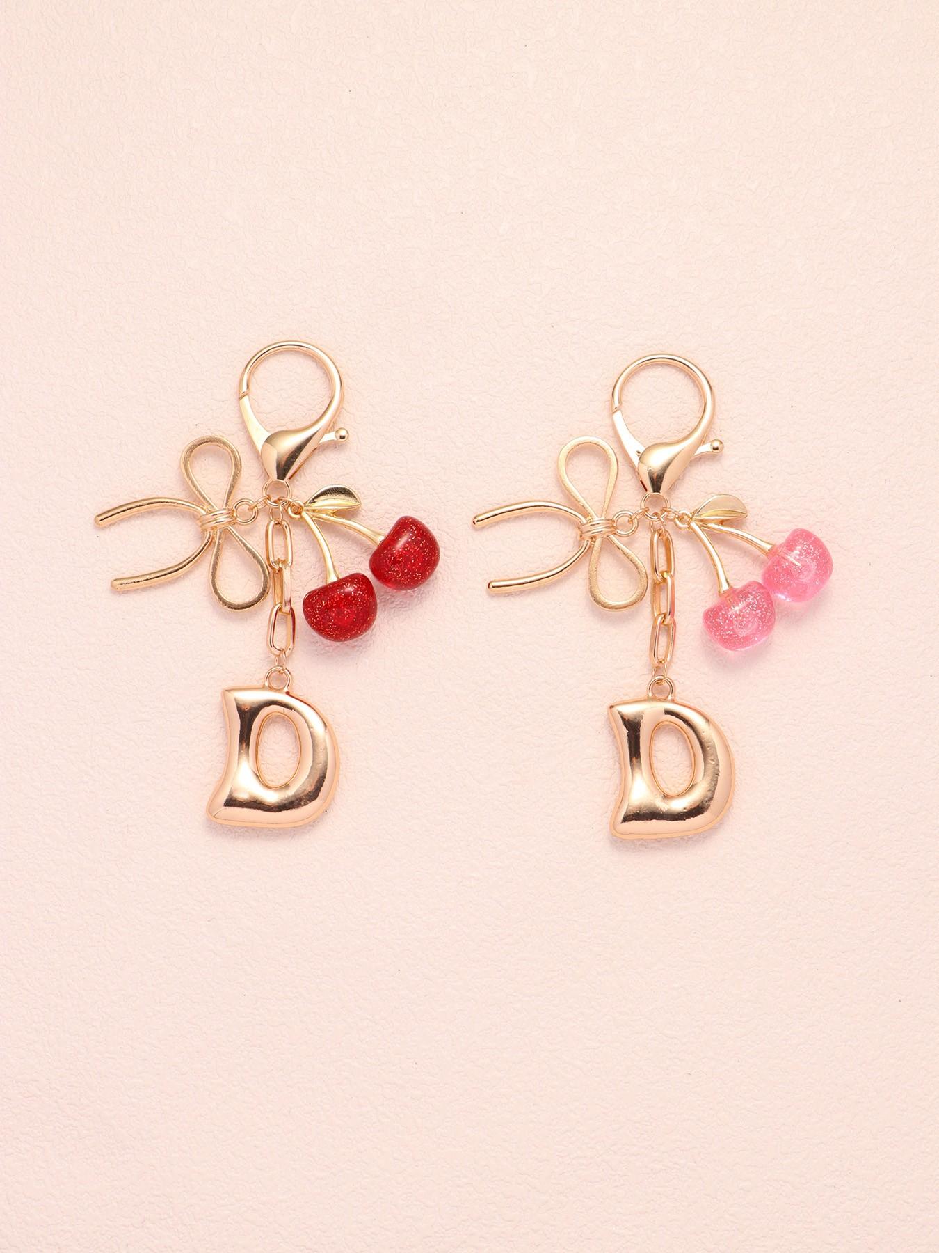 2pc Bubble Letter A-Z Keychains, Cute Initial Pendants, Metal Butterfly & Acrylic Cherry Decor, Personalized Bag Charms