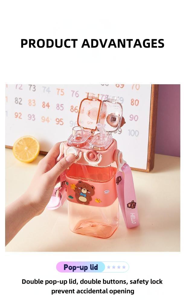 UFORU Cartoon pattern children's drinking cup,1large capacity water bottle,two drinking methods ,home office school drinking cup with straw lanyard,children's gift,Wide Mouth Reusable,Mug, Portable Tumbler Set Bottled