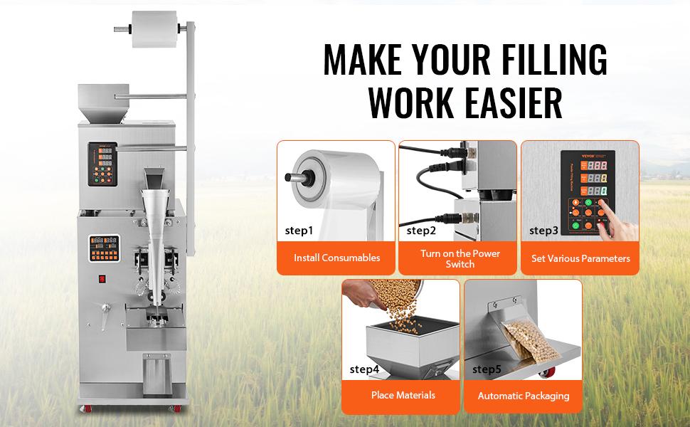 VEVOR Automatic Particle Packaging Machine, 0.002-0.22lbs/1-100g, Multi-Function Pouch Powder Sachet Weighting Filling Packing Machine, Powder Filler Machine for Tea Seeds Grains Flour Beans Glitter