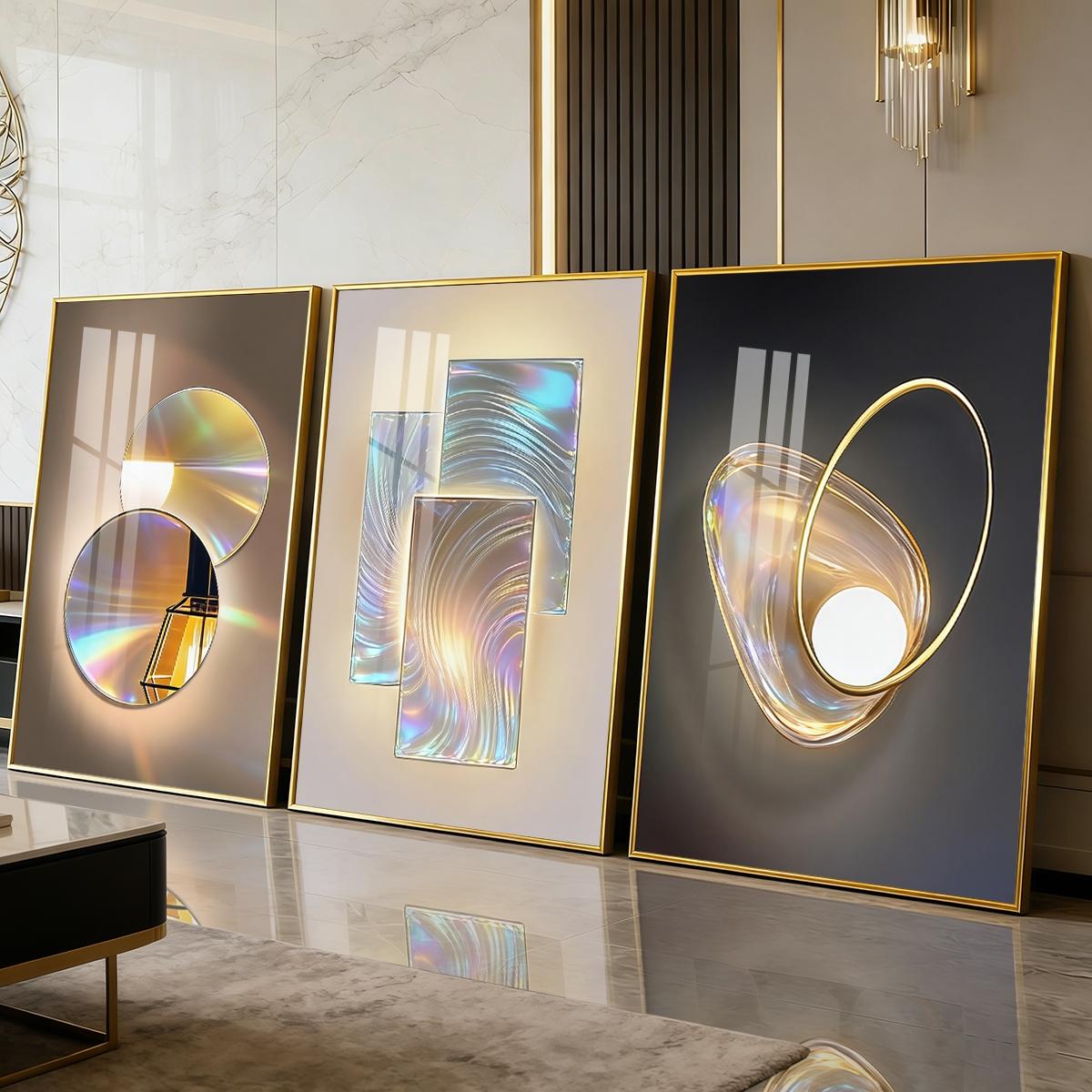 3 Counts Aluminum Alloy Framed Painting, Gradient Iridescent Abstract Light Art Pictures, Home Decoration For Living Room, Bedroom, Office, Restaurant, Hallway Wall Decor, Odorless Print Artwork, Luxury Perfect Gift For Friends And Family