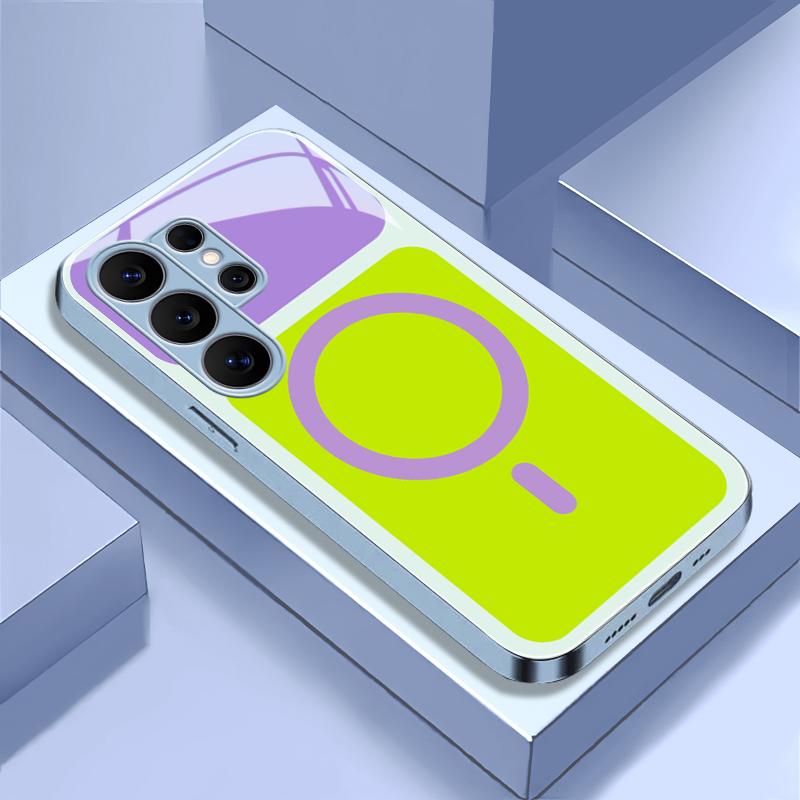Fits Samsung Galaxy S26/S25/S24/S23/S22/S21/S20 Viral Dopamine Color Block MagSafe Magnetic Glass Phone Case, Two-Tone Bright Pastel Electroplated Glossy Shockproof Minimalist Aesthetic Cover---9435