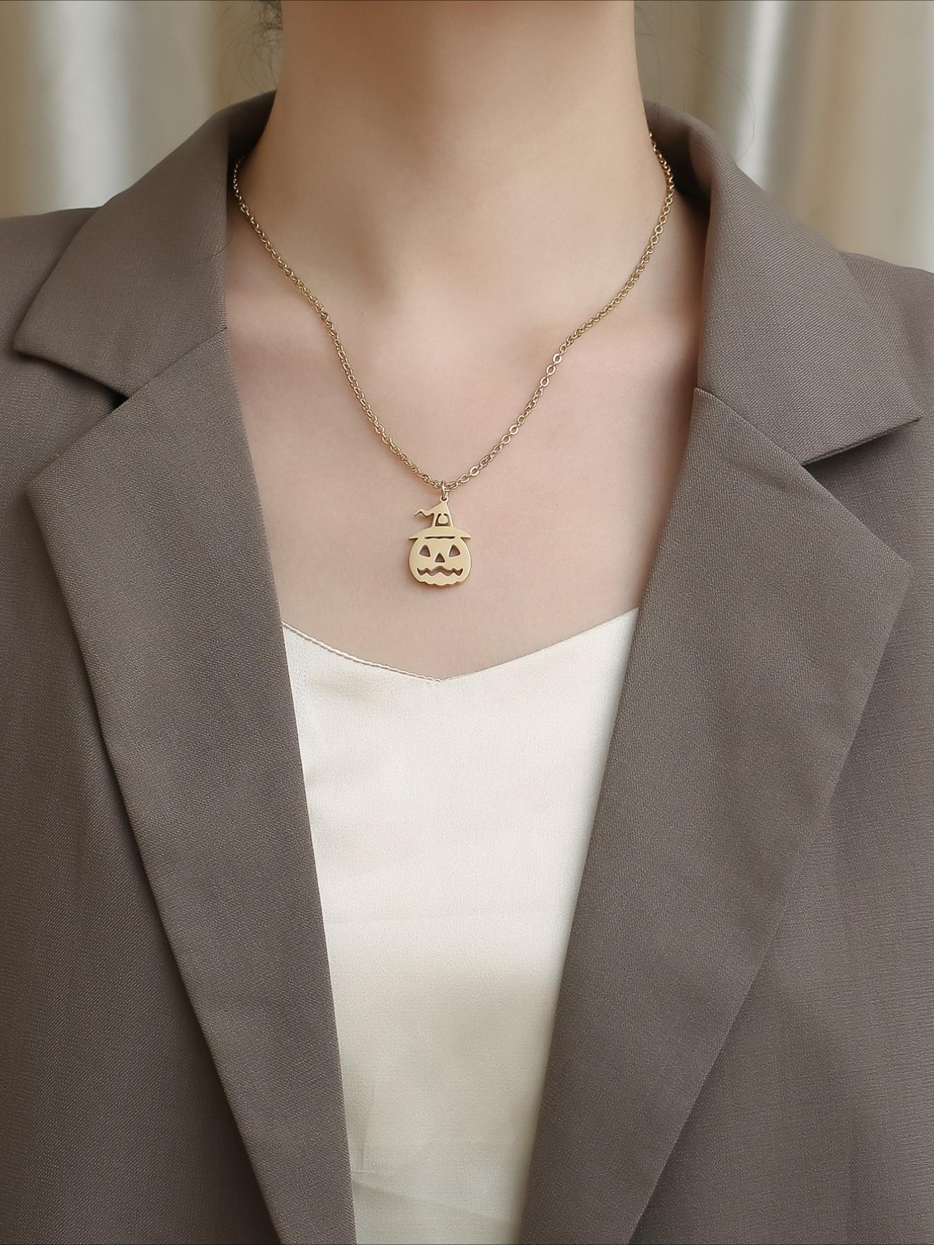 Halloween Pumpkin Pendant Necklace, Stainless Steel Material, Halloween Accessories, Daily Wear