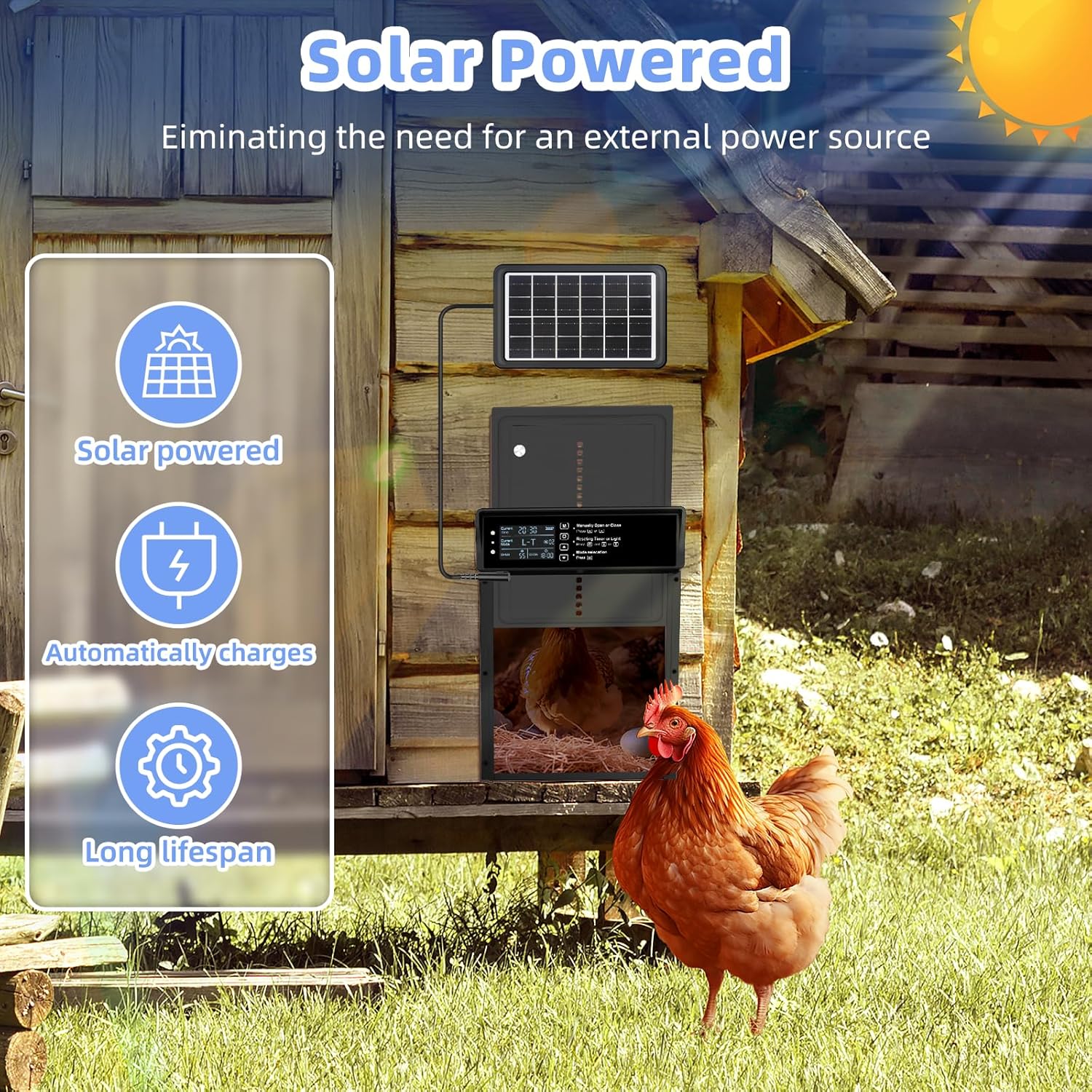 Solar Automatic Chicken Coop Door with LCD Screen, Timer Light Sensor Remote Manual Rechargeable Electric Poultry Gate, Chicken Coop Enclosure