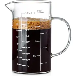 500ML 2 CUP Glass Liquid Measuring Cup With Handle, High Borosilicate Glass Three Scales (OZ, Cup, ML/CC) for Kitchen or Restaurant, V-Shaped Spout Glass Measuring Beaker, Easy To Read