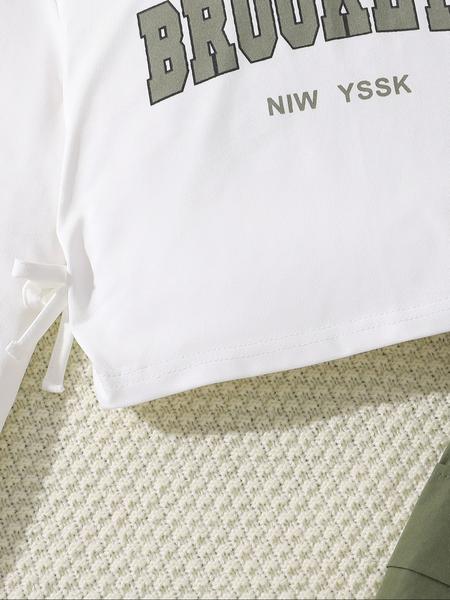 Girls' Letter Print Long Sleeve Top & Army Cargo Pants Set, Clothes, Casual Fall Winter, Fitted Woven Fabric, Daily Wear
