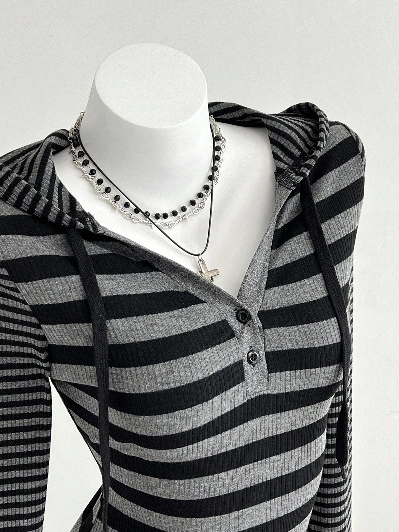 American Street Style Striped Hooded Top for Daily, Trendy Casual Slim Fit Wear