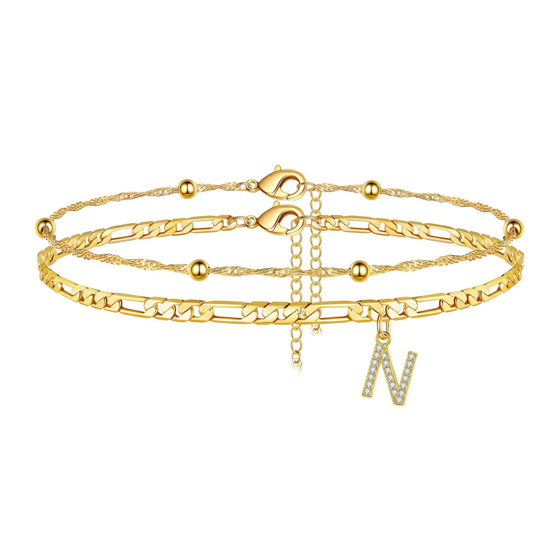Trending 26-letter micro-inlaid zircon anklet with double-layer Cuban chain and layered beach ankle chain – fashionable and unique foot accessory