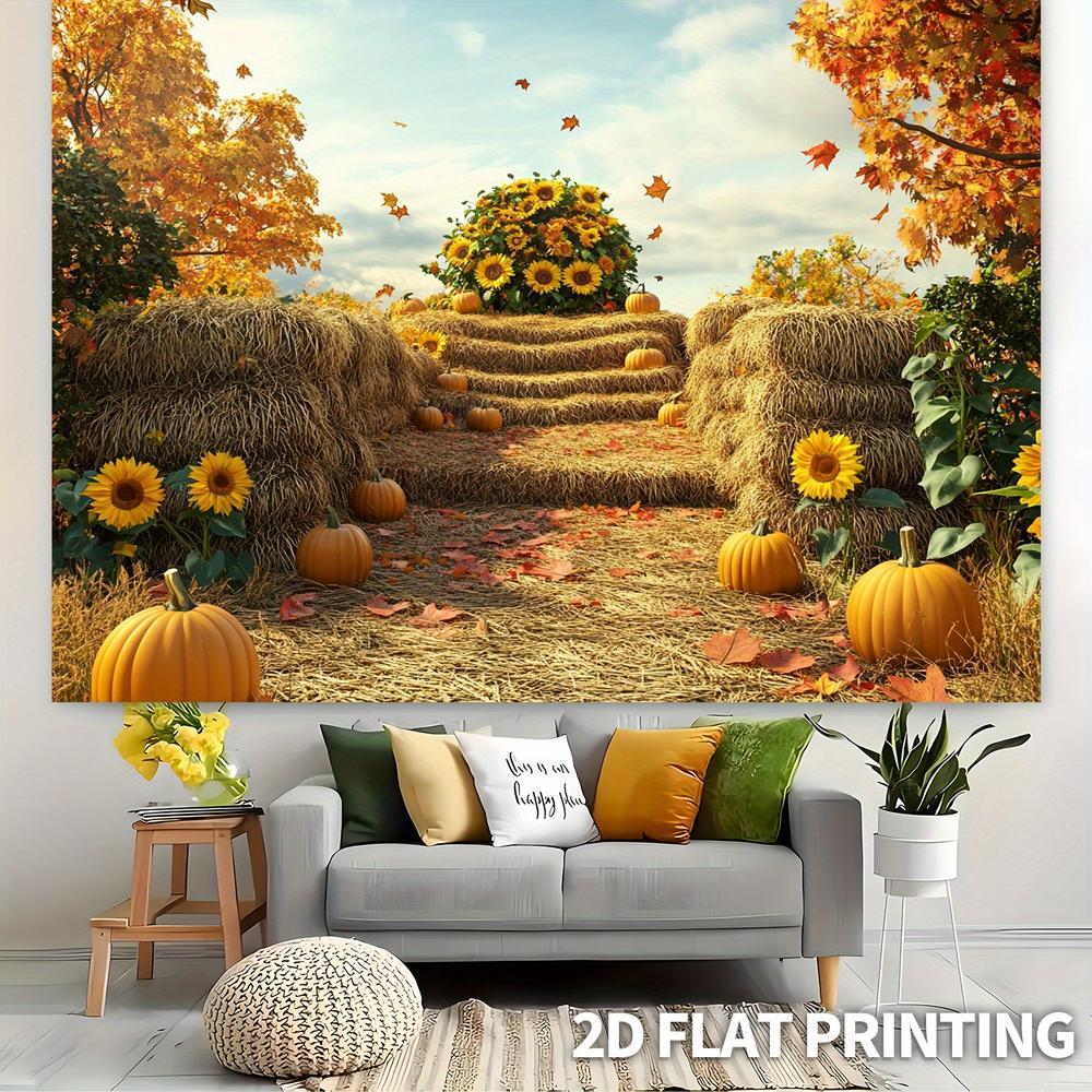 2D Flat, 1pc 2D Autumn Harvest Hay Bale Pumpkin Sunflower Rustic Fall Theme Background Cloth, Party Banner, Rustic Fall Harvest Thanksgiving Birthday Party Decor, Living Room, Wedding, Studio Phot