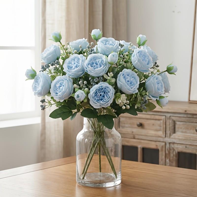 4 Bundles of Artificial Peony Bouquets, Realistic Blue-/blue- Flowers, Artificial Flower Arrangements, Ideal for Weddings, Parties, Home Decor, Centerpieces