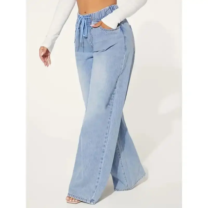 Lady's Distressed Washed Wide Leg Denim Bottoms - Premium Fabric, Comfort Elastic Waist, Loose Relaxed Fit, Drawstring Jeans