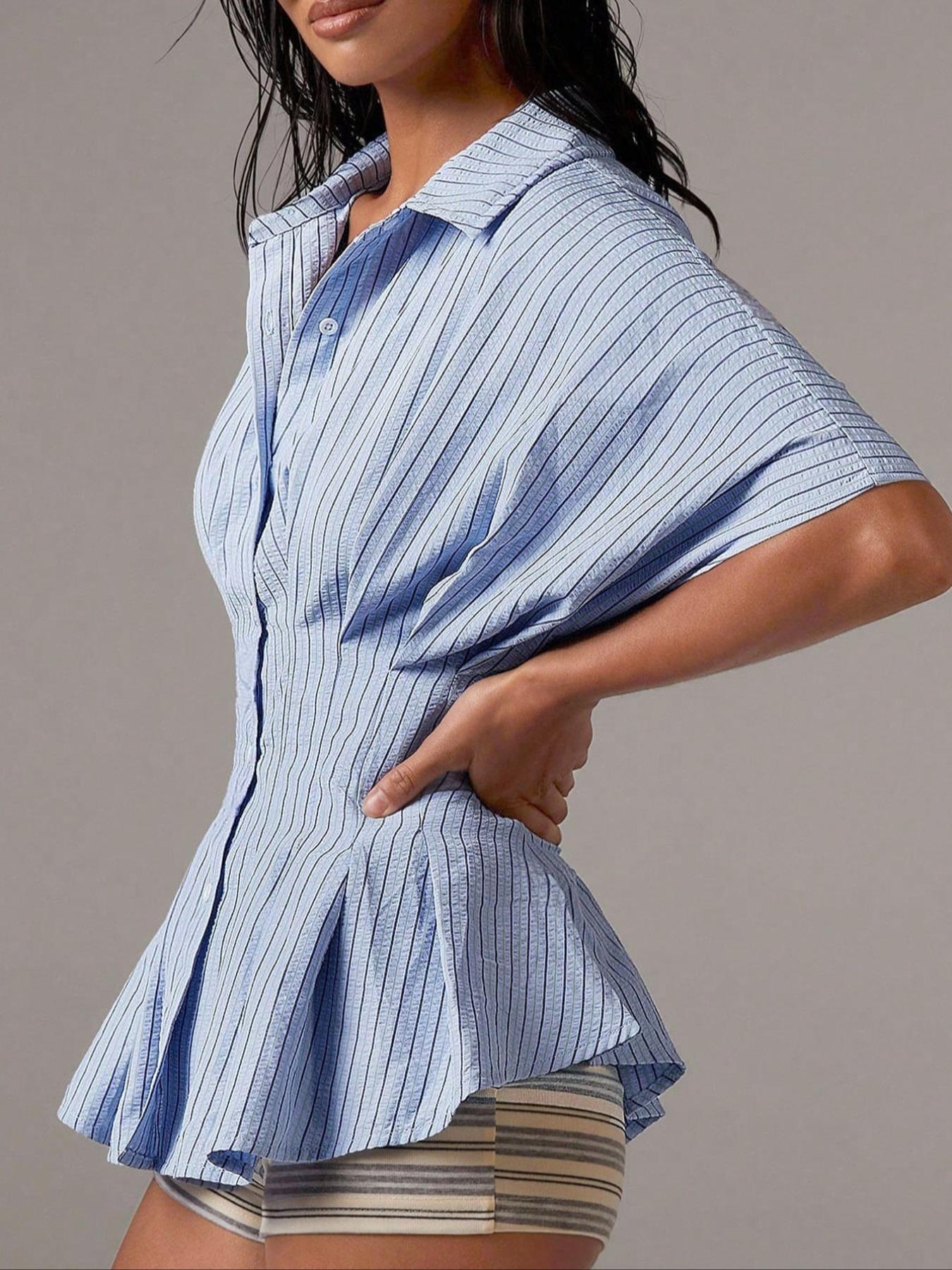 Women's Striped Aesthetic Shirt Blouse, Casual Short Batwing Sleeve Collar Top for Daily Wear, Ladies Clothes for Work Office Business Womenswear
