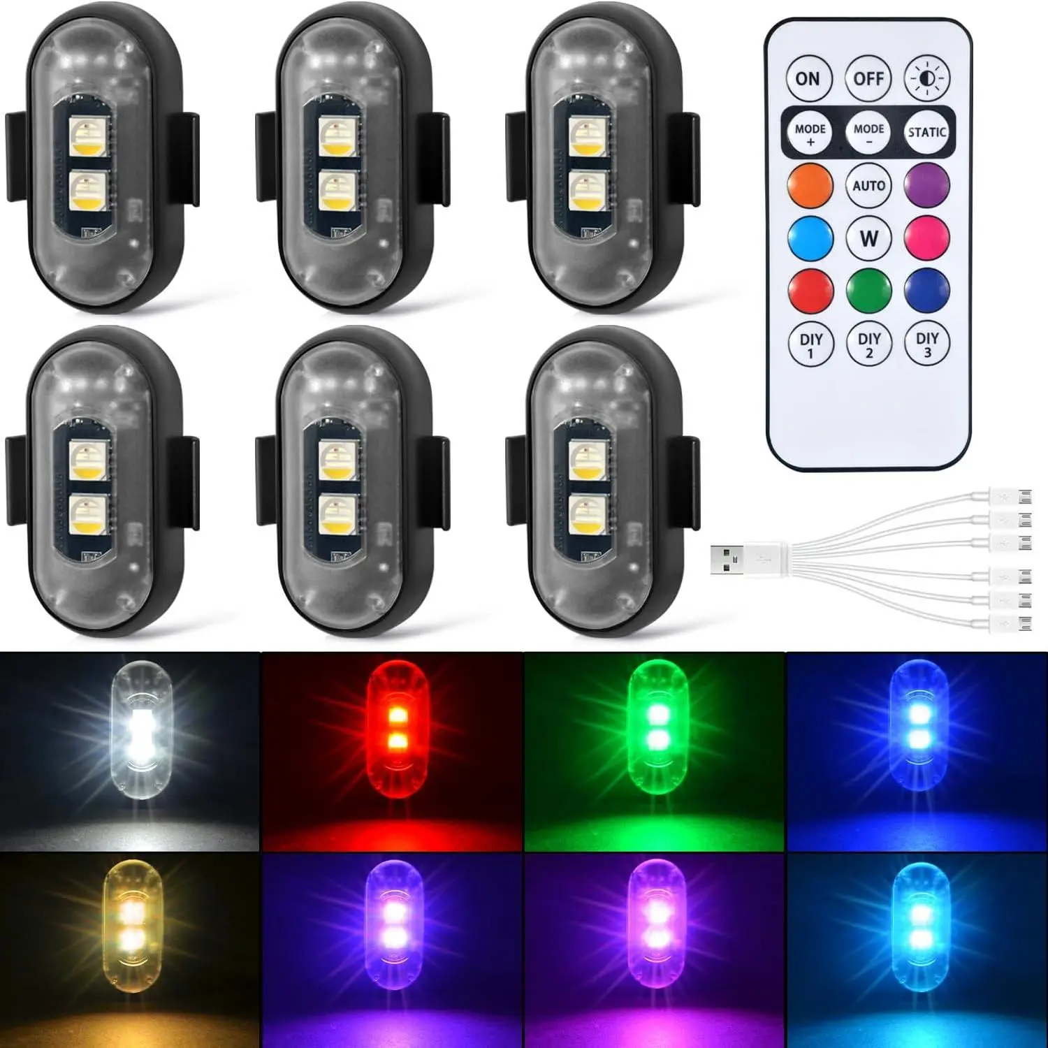 Car Ambient Decorative Wireless Rechargeable 8-Color Strobe Lights with Remote Control, Anti-Collision Emergency Warning Lights for Car, Motorcycle