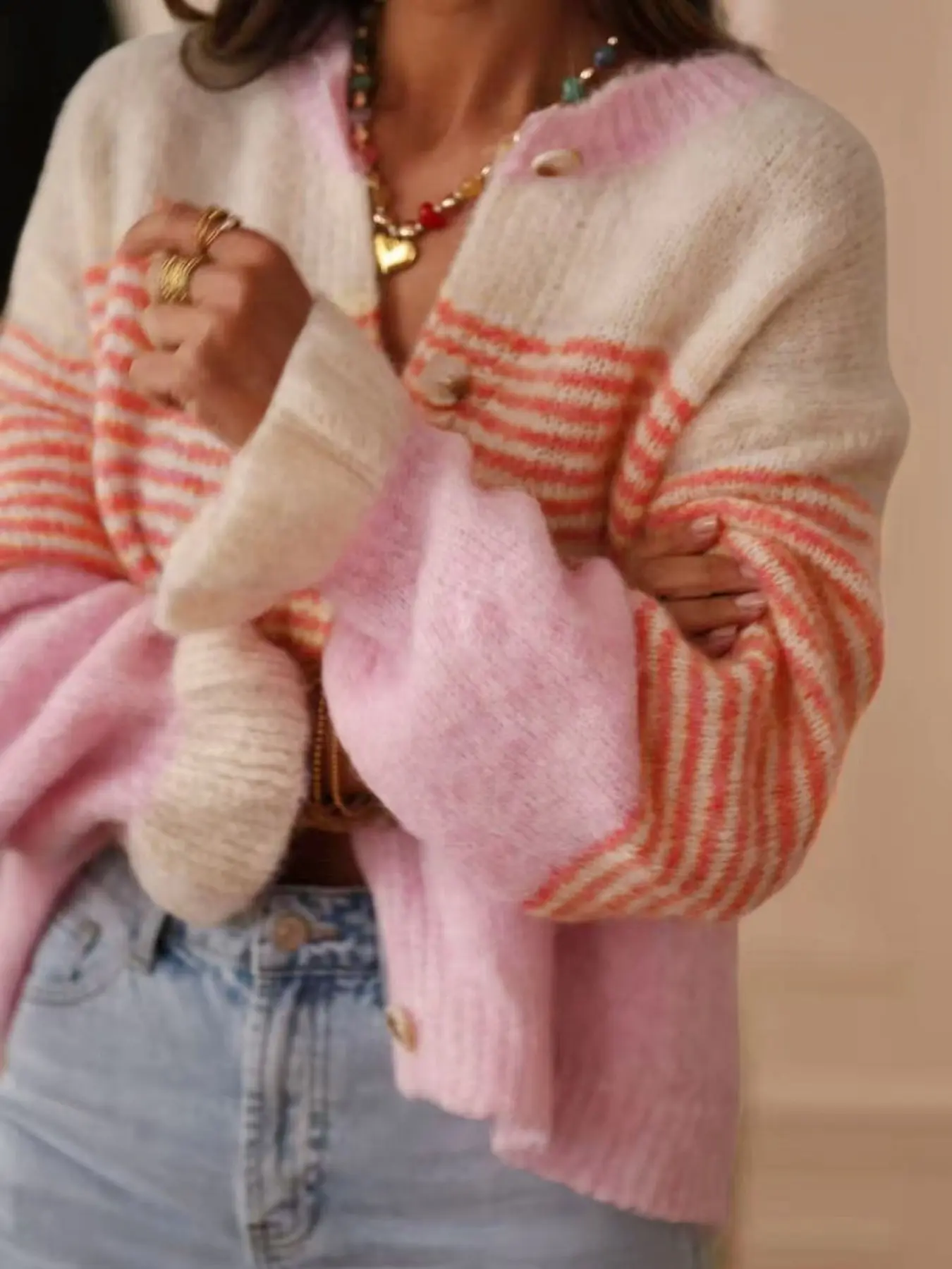 Vintage Colorblock Striped V-Neck Knit Cardigan for Women, Loose-Fitting Lantern Sleeve Sweater, Fall Winter New Arrival, Casual Elegant Style