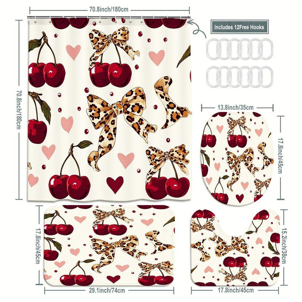 1/4pcs Cherry & Leopard Print Bathroom Set, Shower Curtain with Cream Background, Red Cherries, Pink Hearts, Leopard Bows, Toilet Cover, Bath Mat, Perfect for Valentine's Day Mother's Day Bedroom Decor - Stylish Home Bathroom Accessories Set
