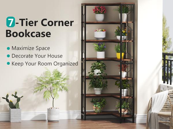 LITTLE TREE Corner Shelf, 7-Tier Industrial Corner Bookshelf, Wood and Metal Etagere Bookcase, Freestanding Display Shelf for Living Room, Kitchen, Home Office