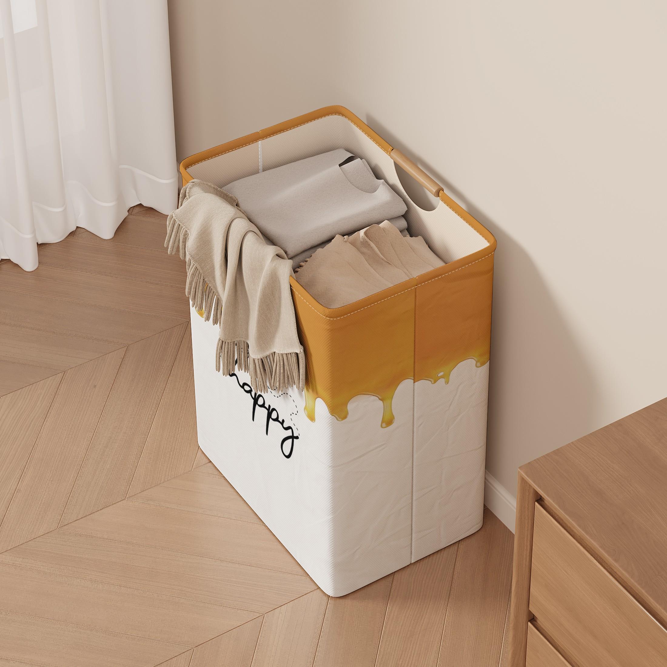 Honey Bee Text Pattern Open Storage Box, Foldable Laundry Basket with Handle, Home Bathroom Collapsible Clothes Organizer Bucket