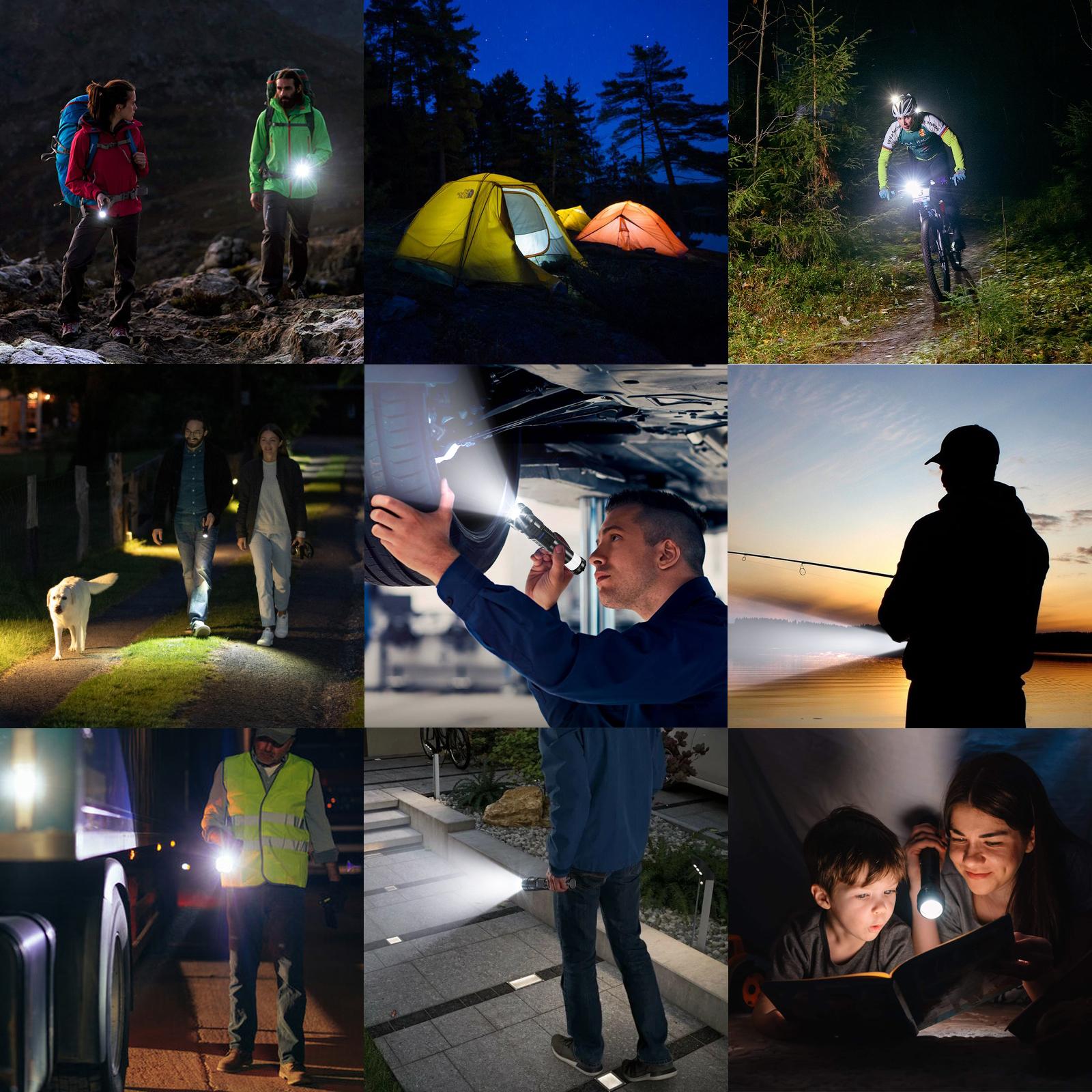 4 PCS Strong Flashlight Set for Family, Rechargeable, Waterproof, Camping Gadgets, Emergency Red&Blue Alarm Lights Household Essentials for Kids, Family Camping Essentials, House Warming Gifts New Home, for Garden, Garage