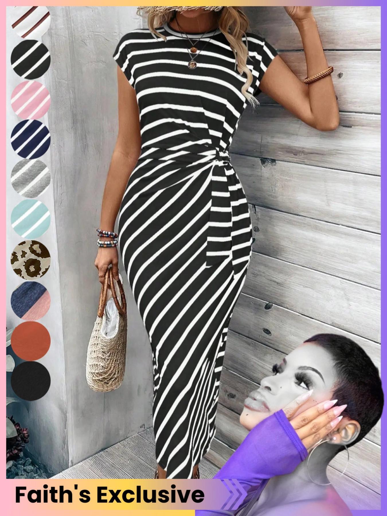 Women's Striped Print Knot Bodycon Dress, Summer Outfits 2024, Elegant Drop Shoulder Short Sleeve Long Dress for Summer, Sundress Maxi Dress, Frenchy Style Ladies Clothes for Beach Holiday