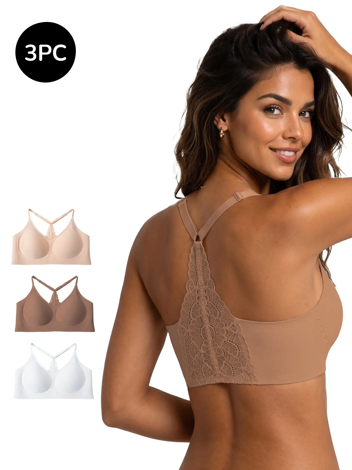 3 Pack Women’s Wireless Lace Racerback Bras, Soft Comfort Bralettes with Gentle Jelly Support, Assorted Colours for Racerback Vests & Open-Back Tops, Perfect For Work, Travel And Daily Wear