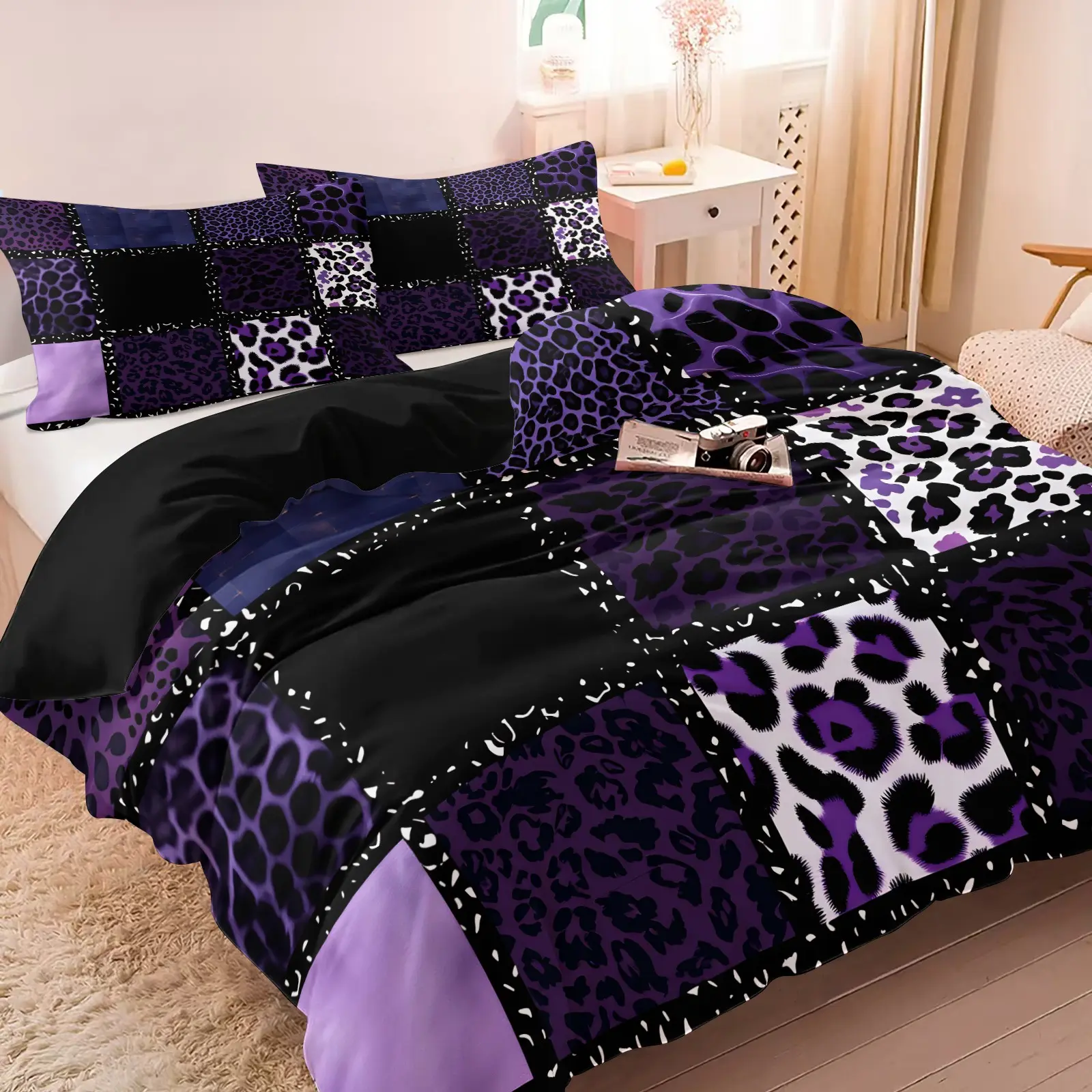 3Pcs Gothic Leopard Patchwork Duvet Cover Set, Comfy Bed Sets, Includes 1 Duvet Cover + 2 Pillowcases, Soft Comfortable Breathable All Season Microfiber Fabric, Dark Purple Black Cheetah Print Bedding, Gift for Y2K & Gothic Style Lovers