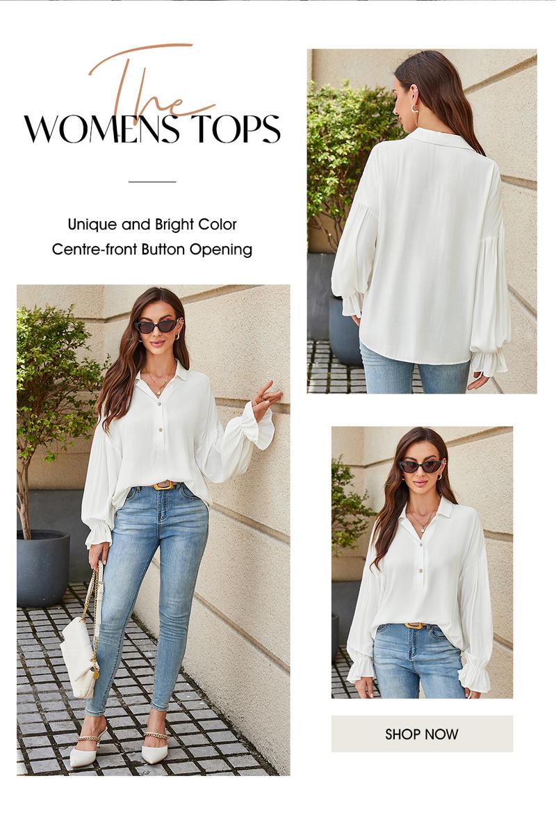 EVALESS Women's Casual Blouses Business Linen Tops Cute Puff Sleeve V Neck Button-Down Henley Shirts 2025 Fall Outfits