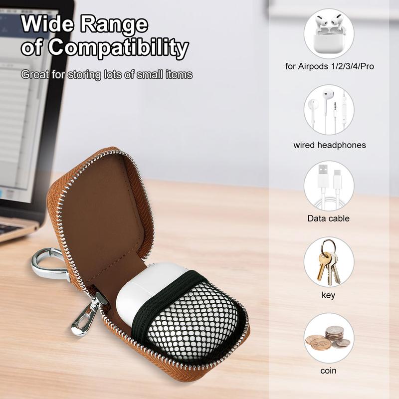 Universal Leather Earbud Case Compatible with Airpods 1/2/3/4/Pro Portable Headphone Storage Case PU Leather Zipper Key Wallet with Keychain for Wireless Earphones, Keychain Pouch Bag with Mesh Pocket, Audio & Video Accessories
