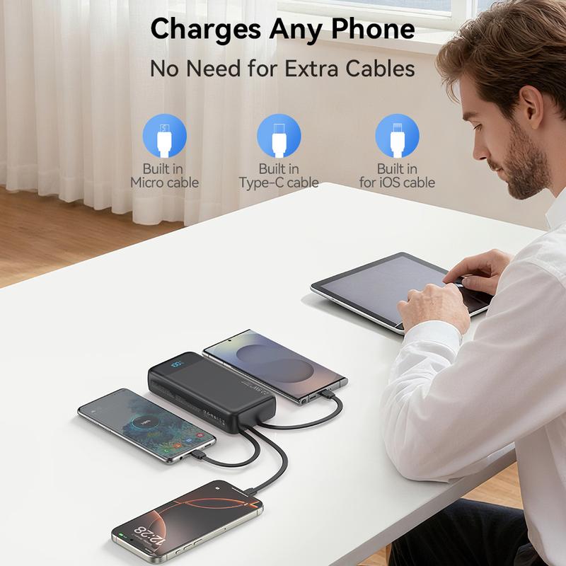 20000mAh large-capacity portable charger, with 4 cables and 6 outputs, PD20W fast charging digital display battery pack, suitable for power banks during travel and outdoor activities