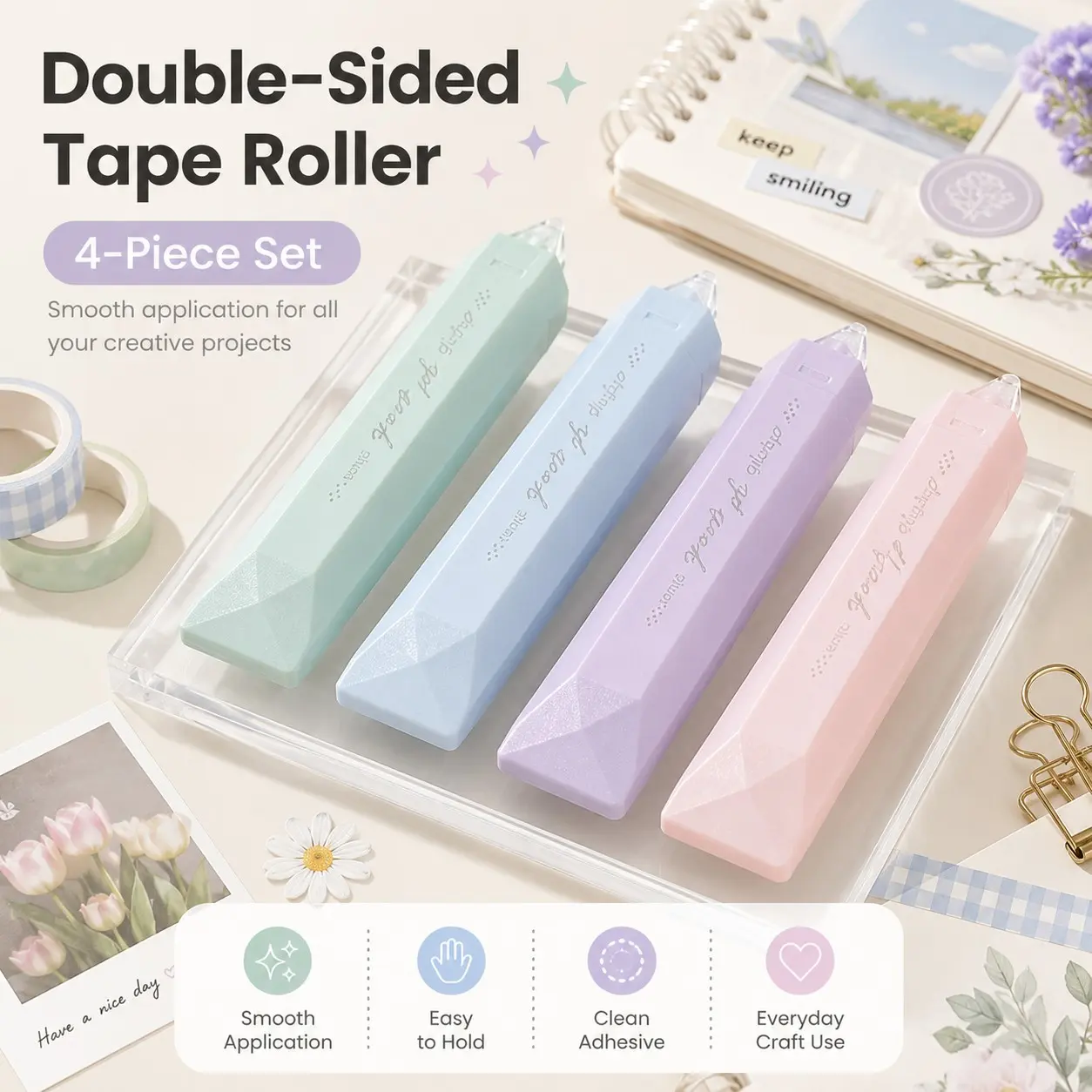 4 PCS Double Sided Tape Roller, Craft Adhesive Glue Runner Pen With Smooth Application Design, Multipurpose Scrapbooking Journaling Supplies For Gift Wrapping, Photo Mounting, School Office And DIY Crafts
