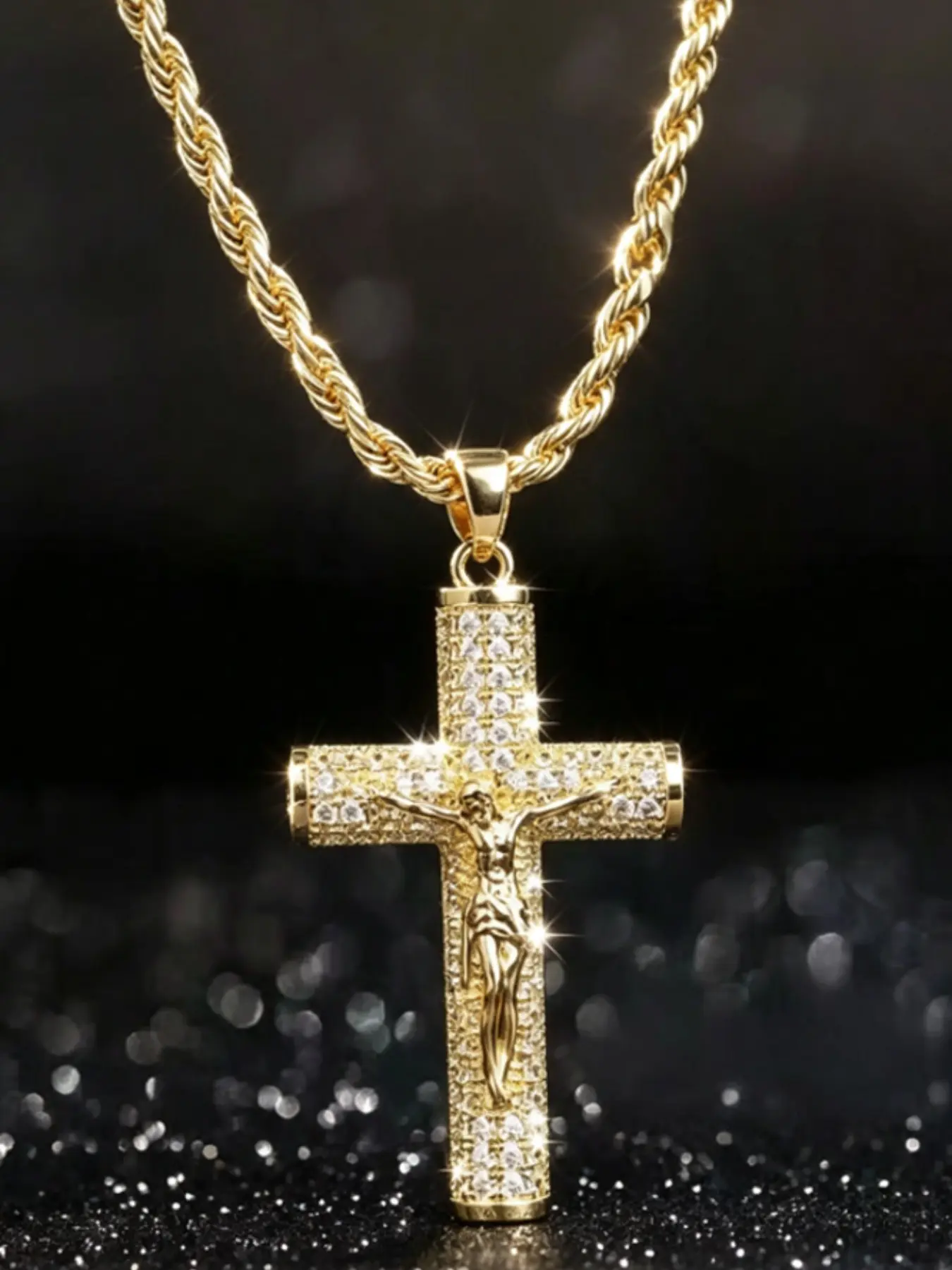 14k Gold Plated Titanium Cross Necklace, Large Zircon Cross Design Pendant, Hip Hop Style, Unisex, Perfect for Thanksgiving, Graduation, Daily Wear