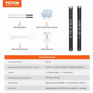 VEVOR Garage Door Torsion Springs, Pair of 0.218x 2x 24inch, Garage Door Springs with Non-Slip Winding Bars, 16000 Cycles, Gloves and Mounting Wrench, Electrophoresis Coated for Replacement