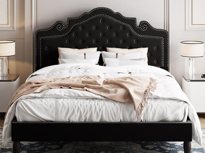 Allewie Full/Queen/King Velvet Upholstered Bed Frame - 【Frame Only No Mattress】Adjustable Tiara Headboard with Diamond Button Tufting & Wood Slats, Black, #TikTokShopBlackFriday #Christmas Gifts