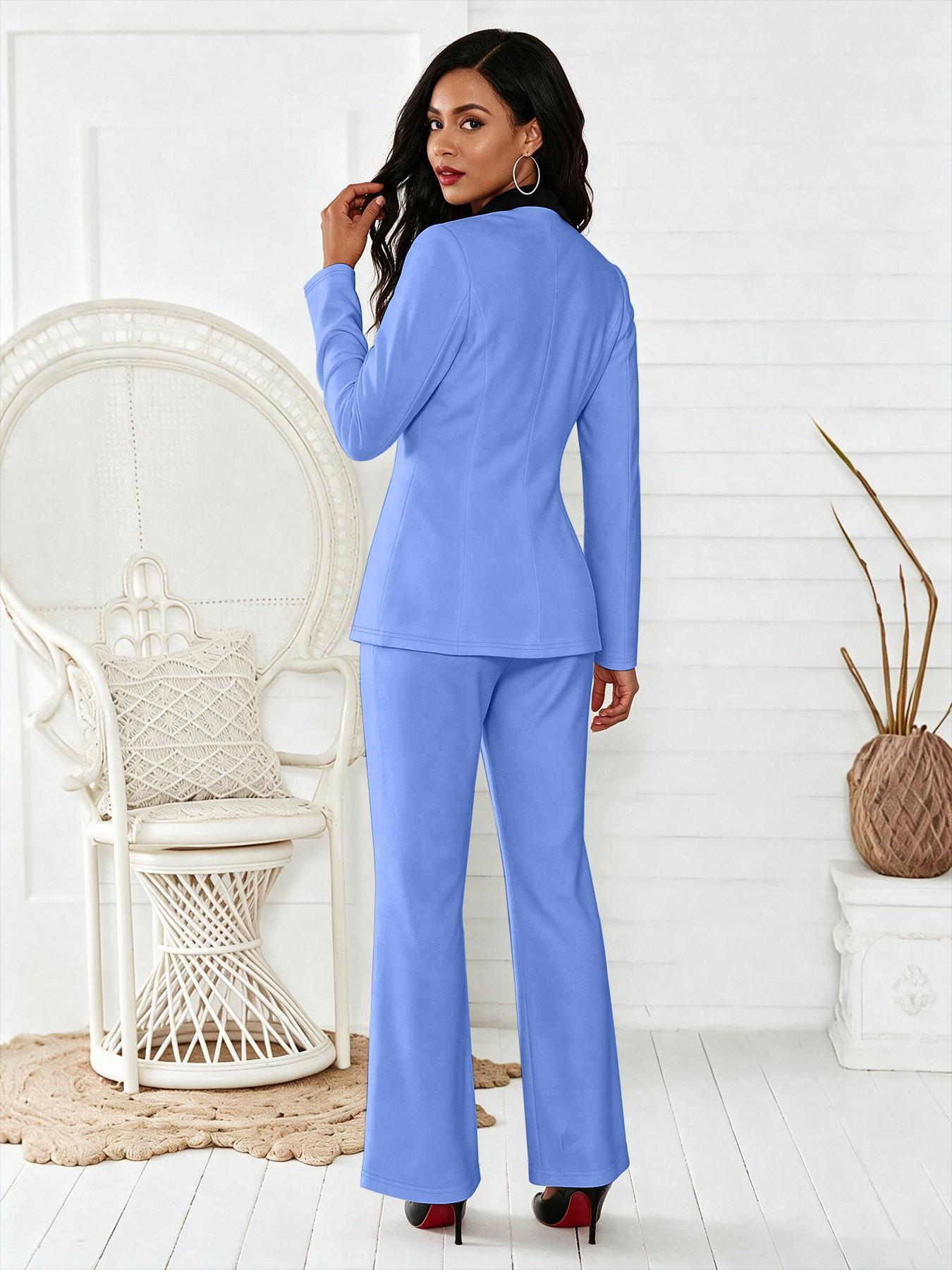 Women's Black Girl Magic Style Contrast Lapel Long Sleeve Business Blazer Suit Set, High Waist Flare Trouser for Commute