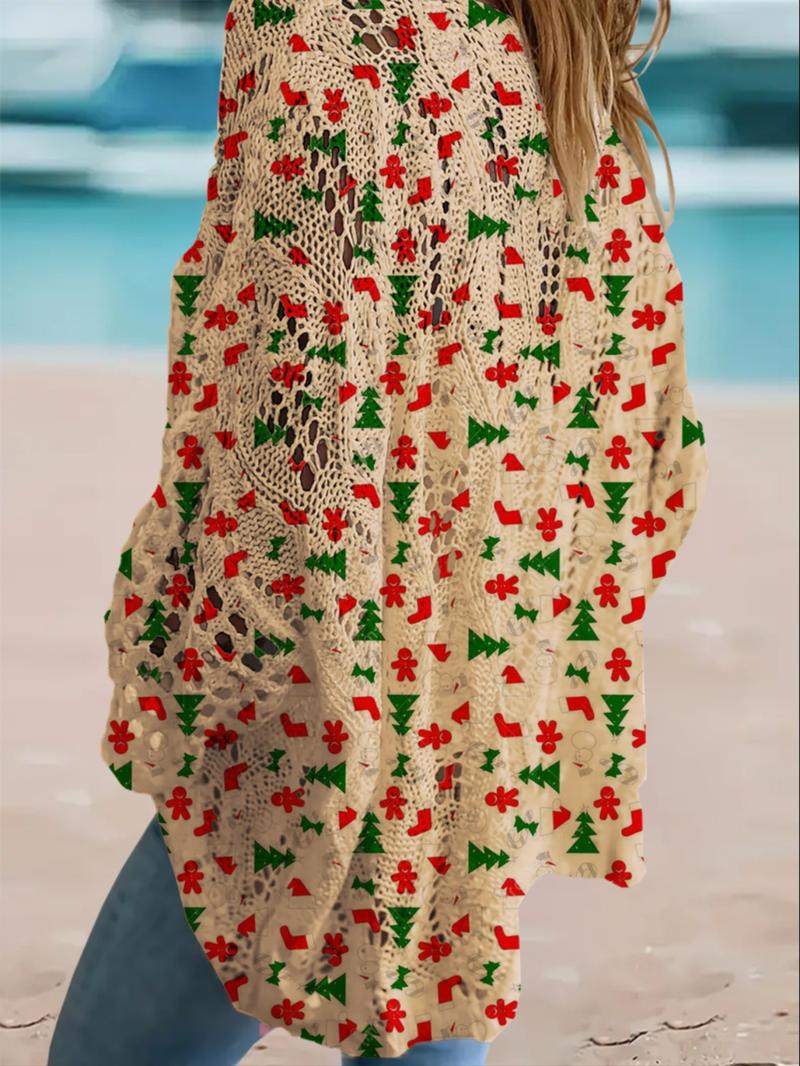 Women's Christmas Tree Print Long Sleeve Knit Top, Casual Elegant Vacation Style Sweater, Loose Batwing Shoulders, Spring Fall Clothing