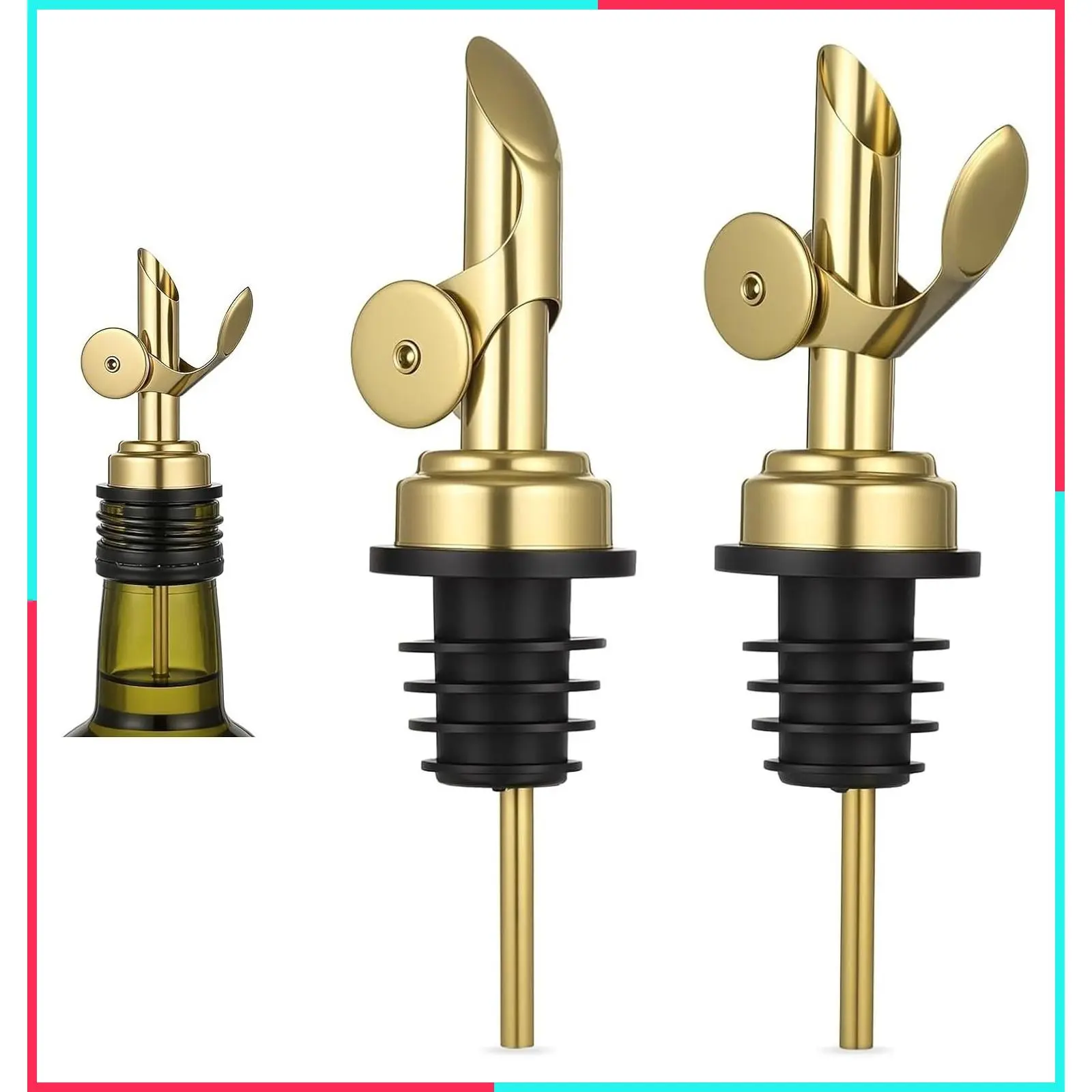 2 PCS Weighted Stainless Steel Bottle Pourers, Self-Closing Auto Flip Liquor & Olive Oil Dispenser Spouts, Gold Pour Spouts for Wine Vinegar Syrup Alcohol Bottles