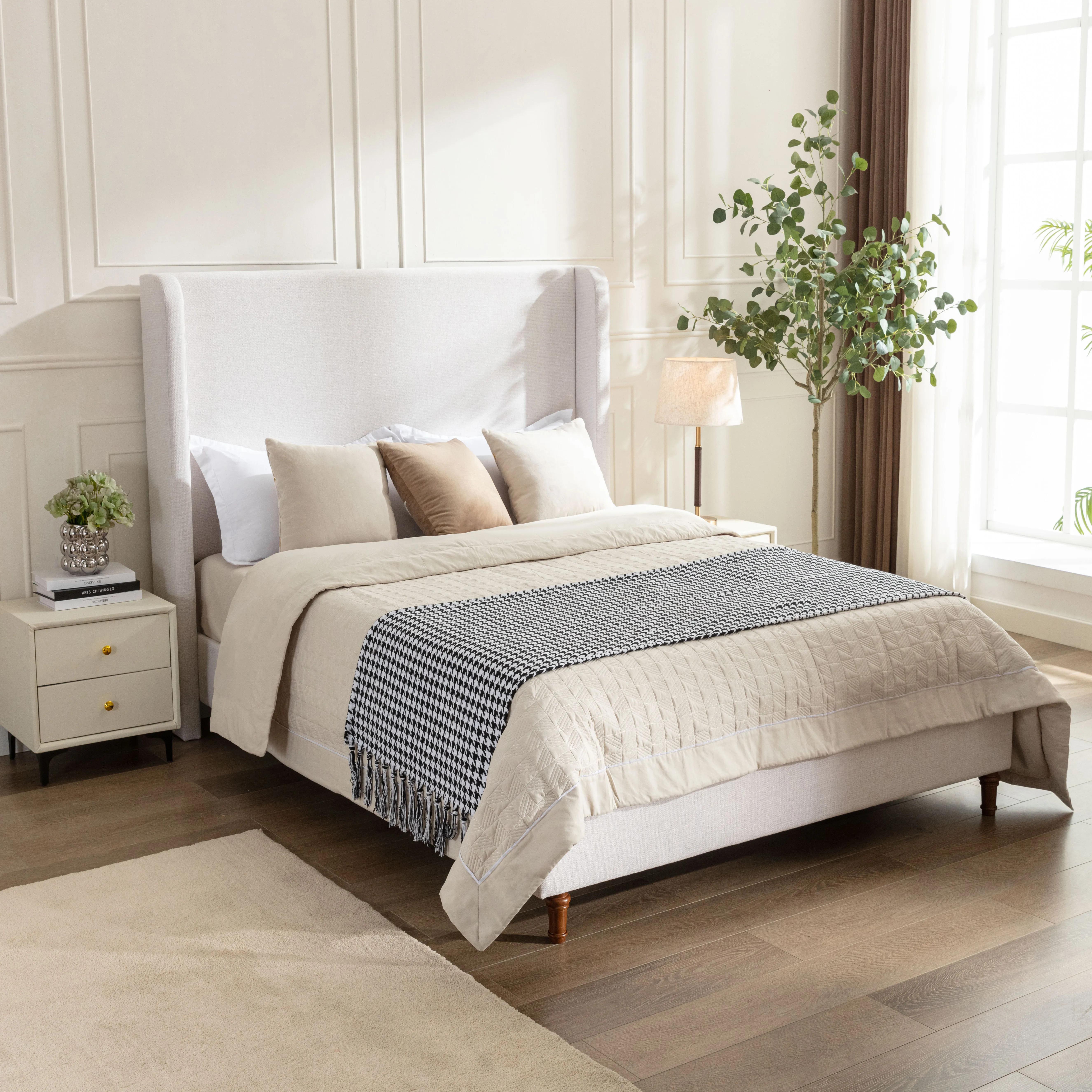 King Size Adjustable Upholstered Woven Fabric Metal Bed Frame with Framed 54" Tall Curved Wings Headboard - Minimalist Decluttering Design, Silent Structure, Durable Build, No Box Spring Needed, Assembly Required, No Fire Safety Label for Modern Bedroom,,