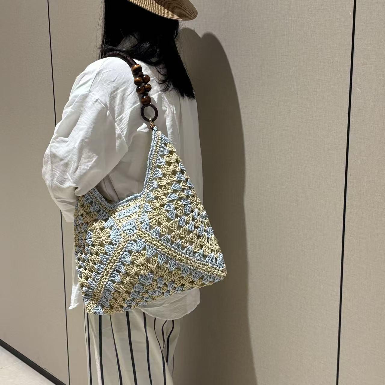 Women's Handmade Paper Rope Crochet Straw Shoulder Bag, PU Material With Adjustable Strap, Cold Wash Compatible Woven Handbag, Summer Accessory For Beach Vacation Casual Outfit Styling Use