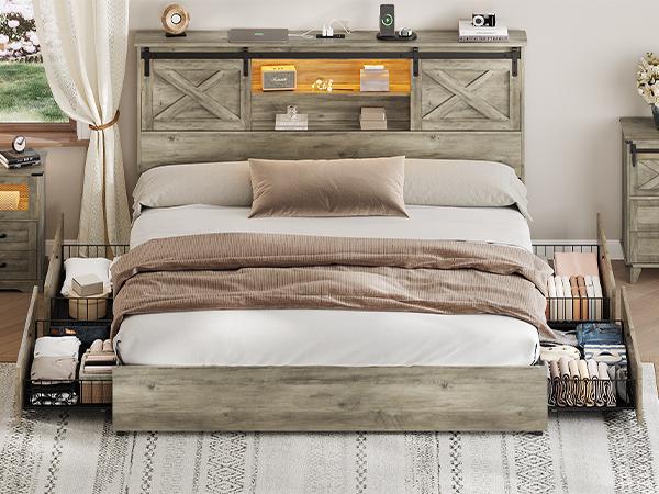 Hasuit Farmhouse Bed Frame King Size with 4 Storage Drawers, Wooden Platform King Beds with Charging Station and LED Lights, Rustic Bed with Storage Headboard and Sliding Barn Door