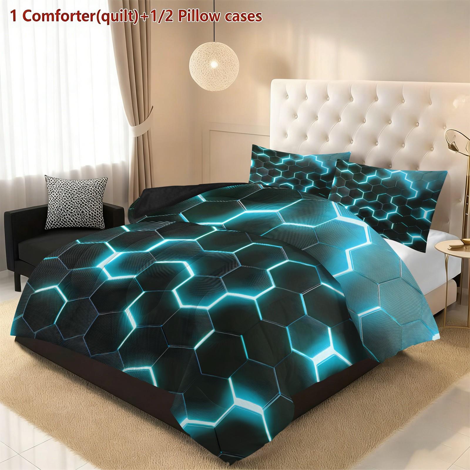 Hexagon Glow Bedding Set, Includes 1 Comforter & 2 Pillowcases, Cyberpunk Tech Decor, Synthetic Fiber Material, Home Bedroom Essentials