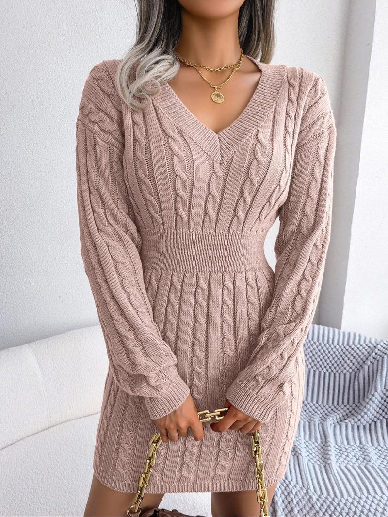 Women's Basic Comfort Solid Textured Drop Shoulder Sweater Dress, Lady's Lady Long Sleeve V Neck Cable Knit Dress, Casual Chic Dress