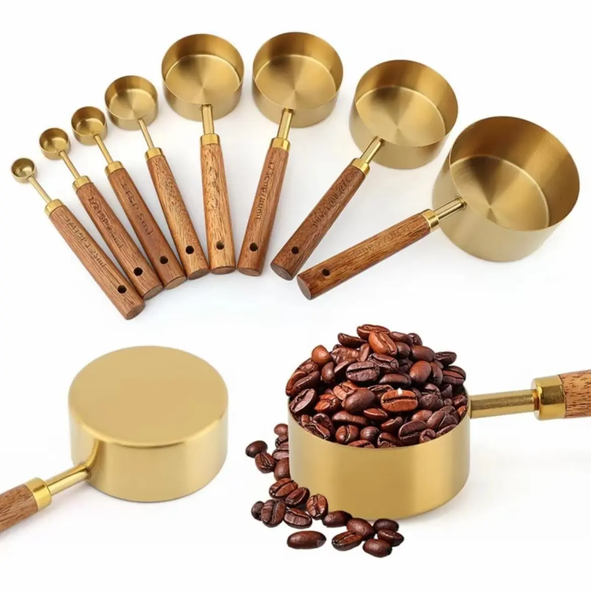 Luxury Gold Stainless Steel Measuring Cup & Spoon Set 8 Pcs, Premium Baking Measuring Tools, Coffee Measuring Spoons, Kitchen Gadgets, Ideal Gift for Halloween