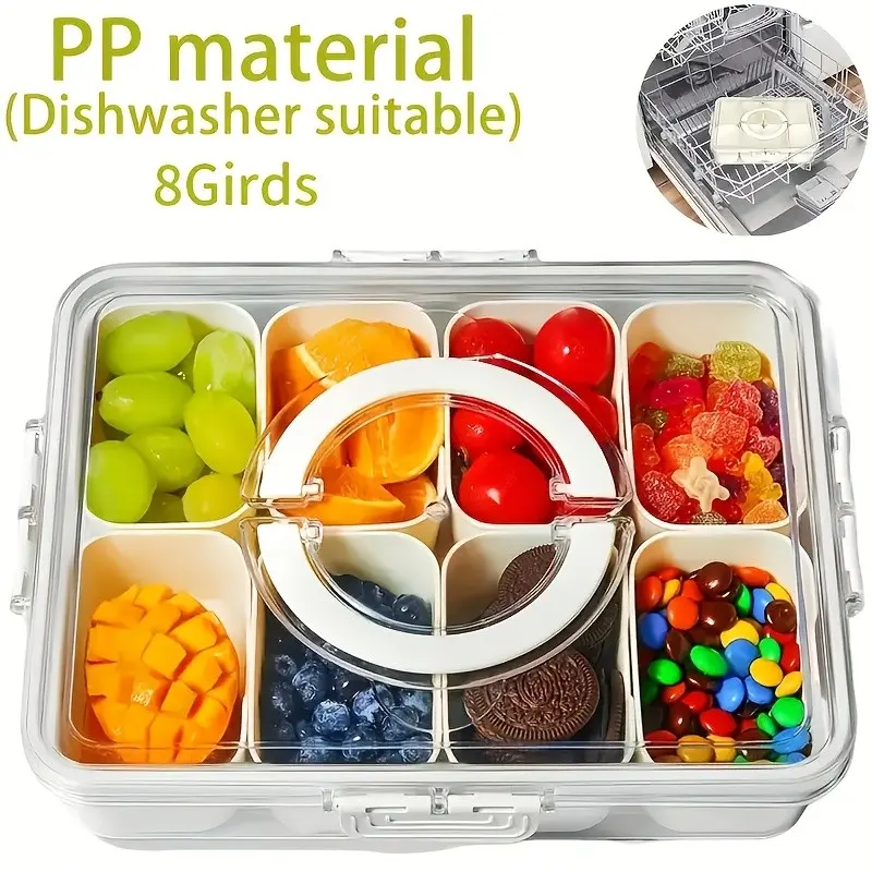 1pc 8Compartment Transparent Snack Box with Lid and Handle Sealed Fruit Salad Fresh Keeping Box Bento Box Portable Food Storage Container Suitable for Microwave Dishwasher Perfect for Lunch Salad Snacks Camping
