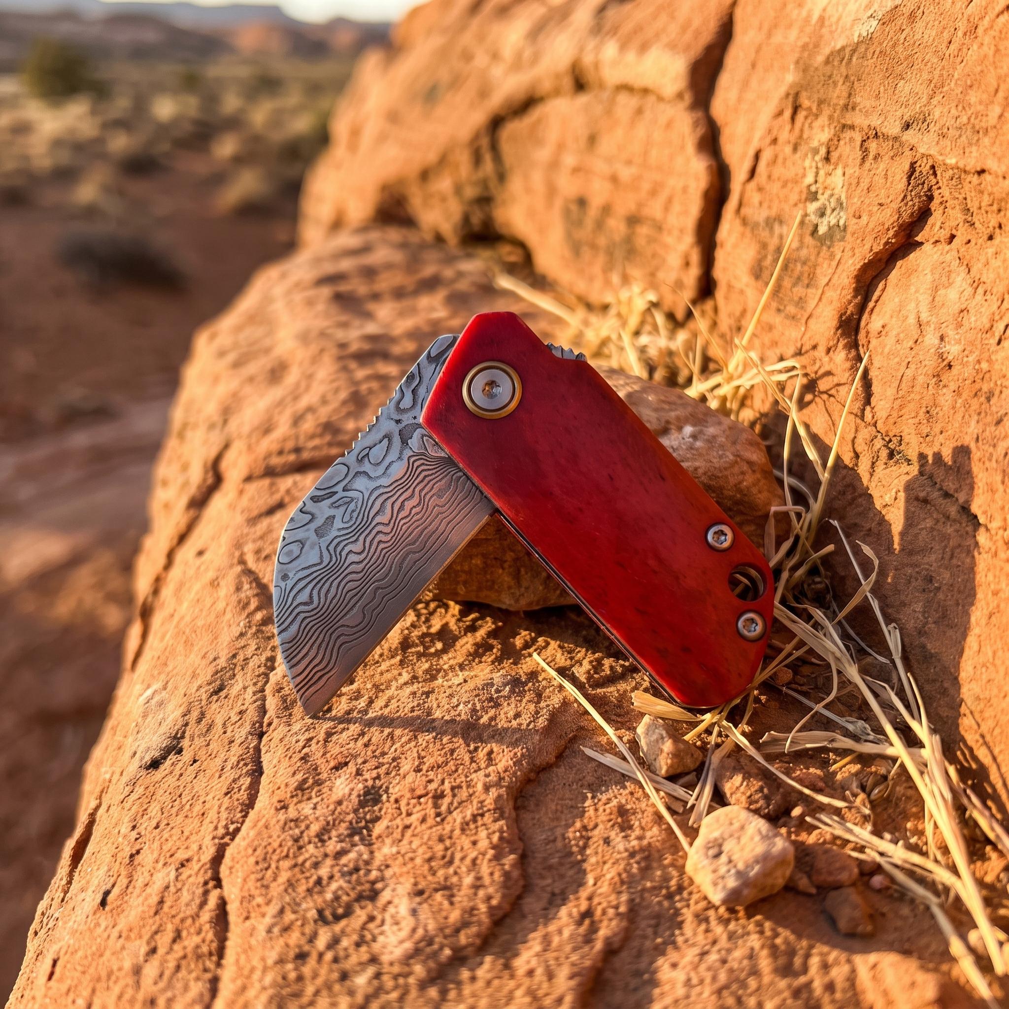 Mini Damascus folding knife, Portable knives, ultra-small and portable, handcrafted Damascus steel blade, dyed cow bone handle, with a hanging rope, practical tool for daily carry-on EDC, outdoor camping and hiking