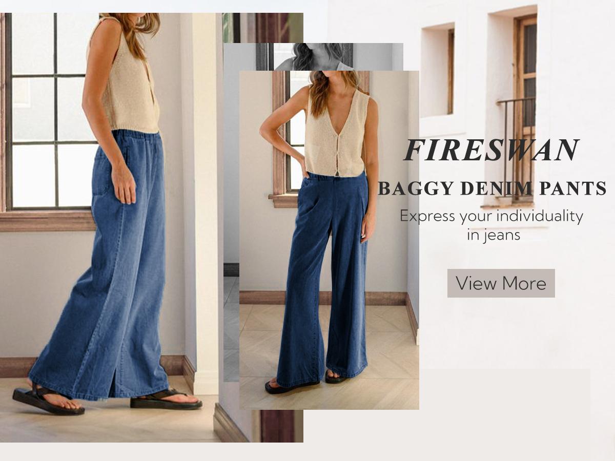 FireSwan Women's Wide Leg Jeans Mid Rise Elastic Waist Stretchy Baggy Loose Casual Denim Pants with Pockets