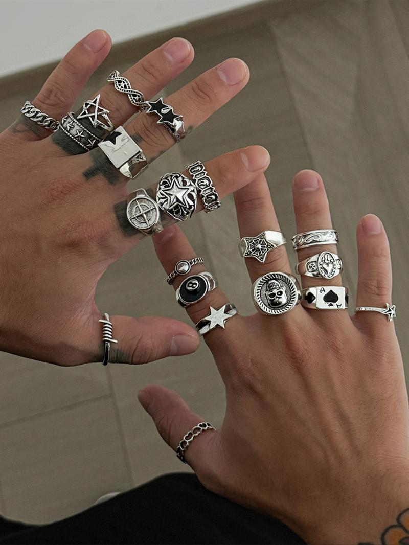 20 Piece Vintage Star Skull Stacking Ring Set, Dark Punk Joint, Holiday Gift, Street Style Charm Accessories, All Seasons