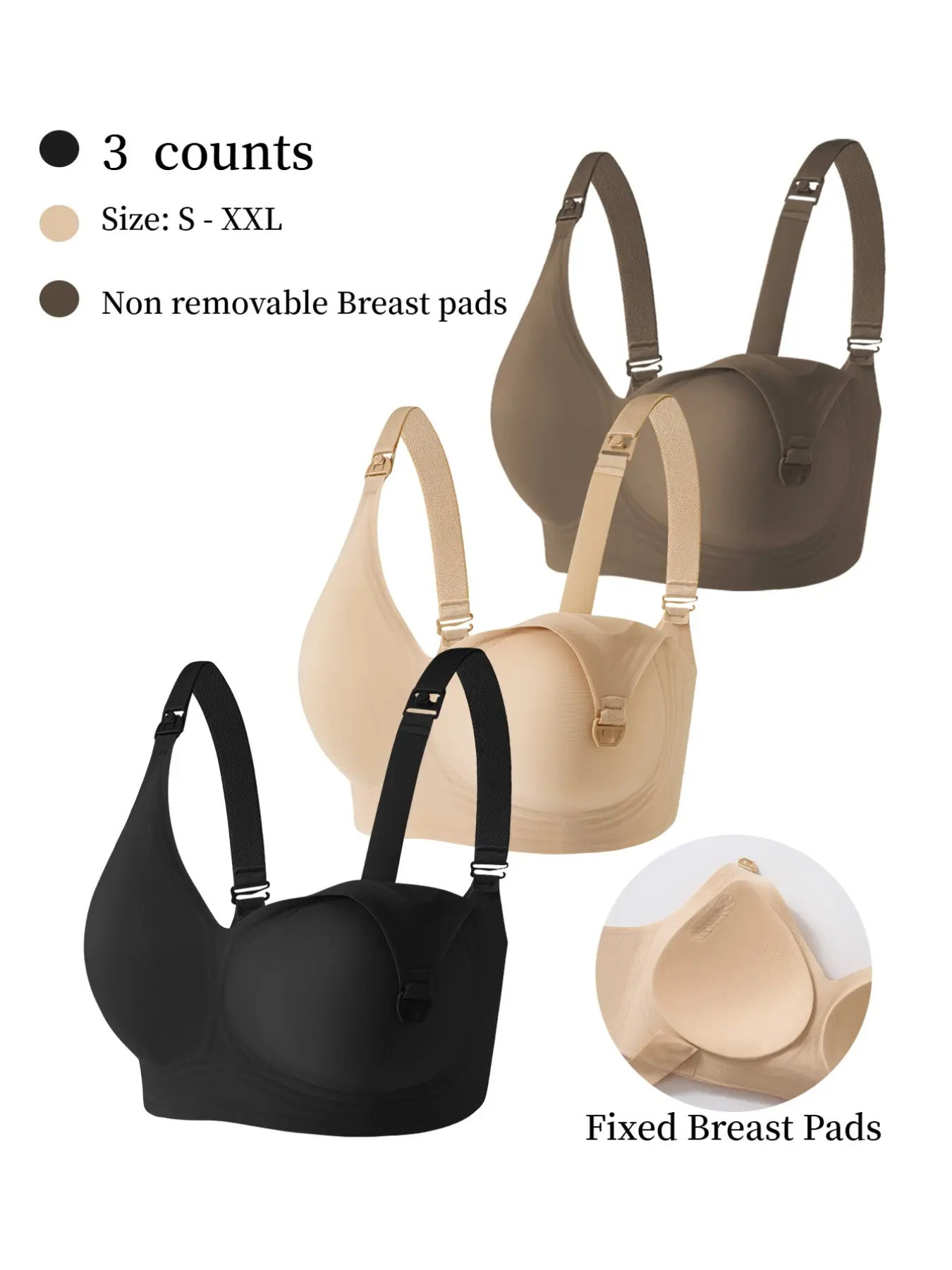 3-Pack Pregnant Nursing Bras, Fixed Non-Removable Pads, Seamless Comfort, Pregnancy & Breastfeeding Bras, Seamless Maternity Bras, Elegant All-Season Style