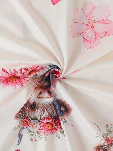 Women's Cartoon Highland Cow & Floral Print Casual Comfy Pajama Set, Lapel Long Sleeve Button-Up Top & Elastic Pants, All-Season Sleepwear