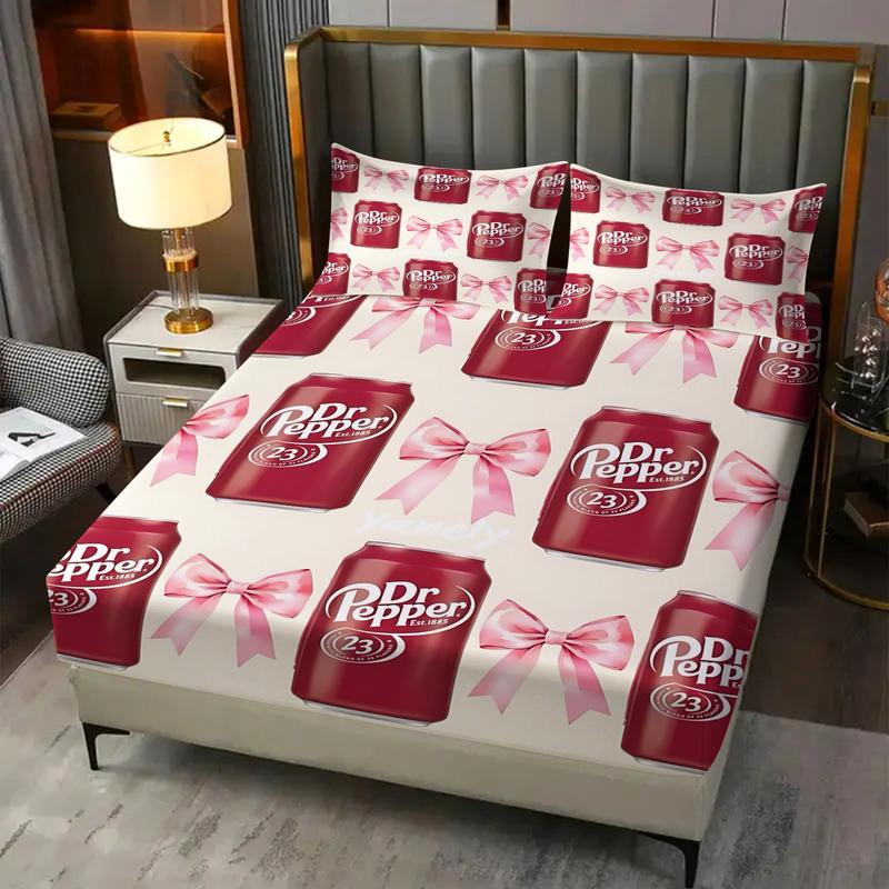3Pcs Dr Pepper Inspired Fitted Sheet Set, Cute Red Soda Can and Pink Bow Pattern on Light Beige, Soft and Durable Fabric, Perfect for Trendy Bedroom Décor and Unique Gift Ideas!, Includes 1 Fitted Sheet and 2 Pillowcases with No Pillow Core