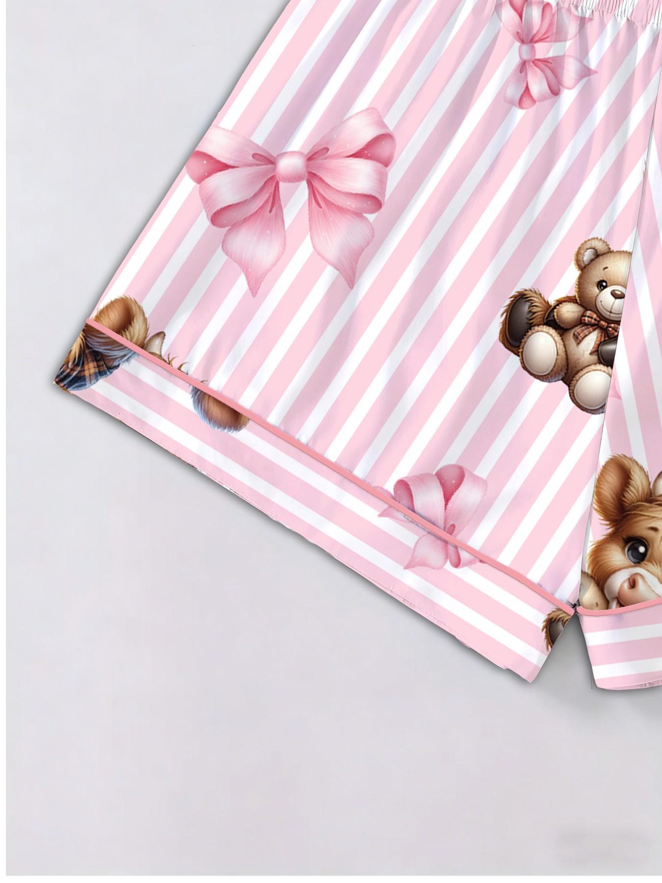 Spring Summer Women's Sleepwear Set, Bear Print Cardigan Short Sleeve Sleep Pajamas Shorts, Casual Loose Fit Home Wear, Comfortable All Seasons, Pajama Set