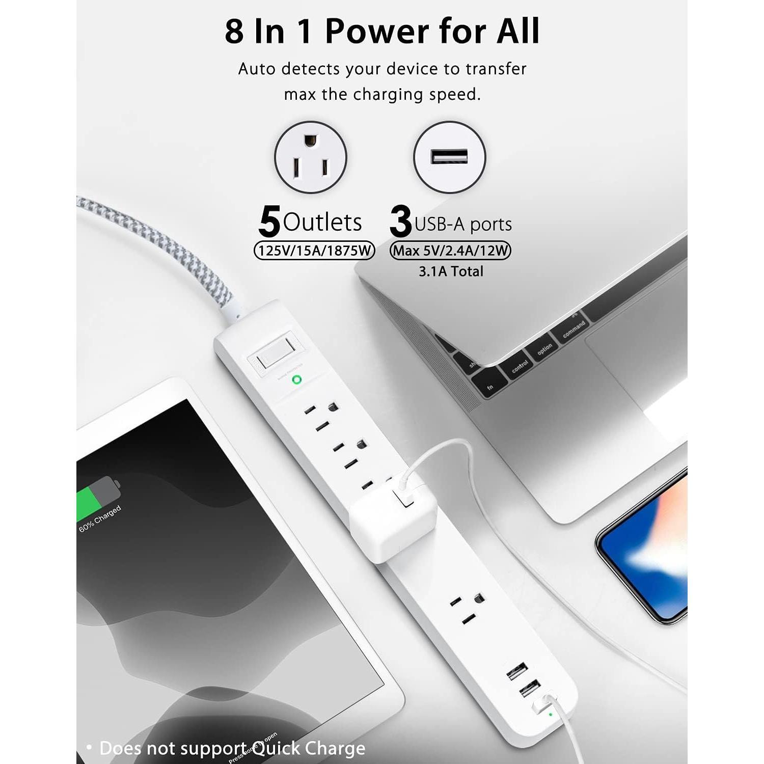2 Pack Power Strip Surge Protector - 5 Widely Spaced Outlets 3 USB  Ports, 1875W/15A with 5Ft Braided Extension Cord, Flat Plug, Overload Surge Protection, Wall Mount for  Office,White
