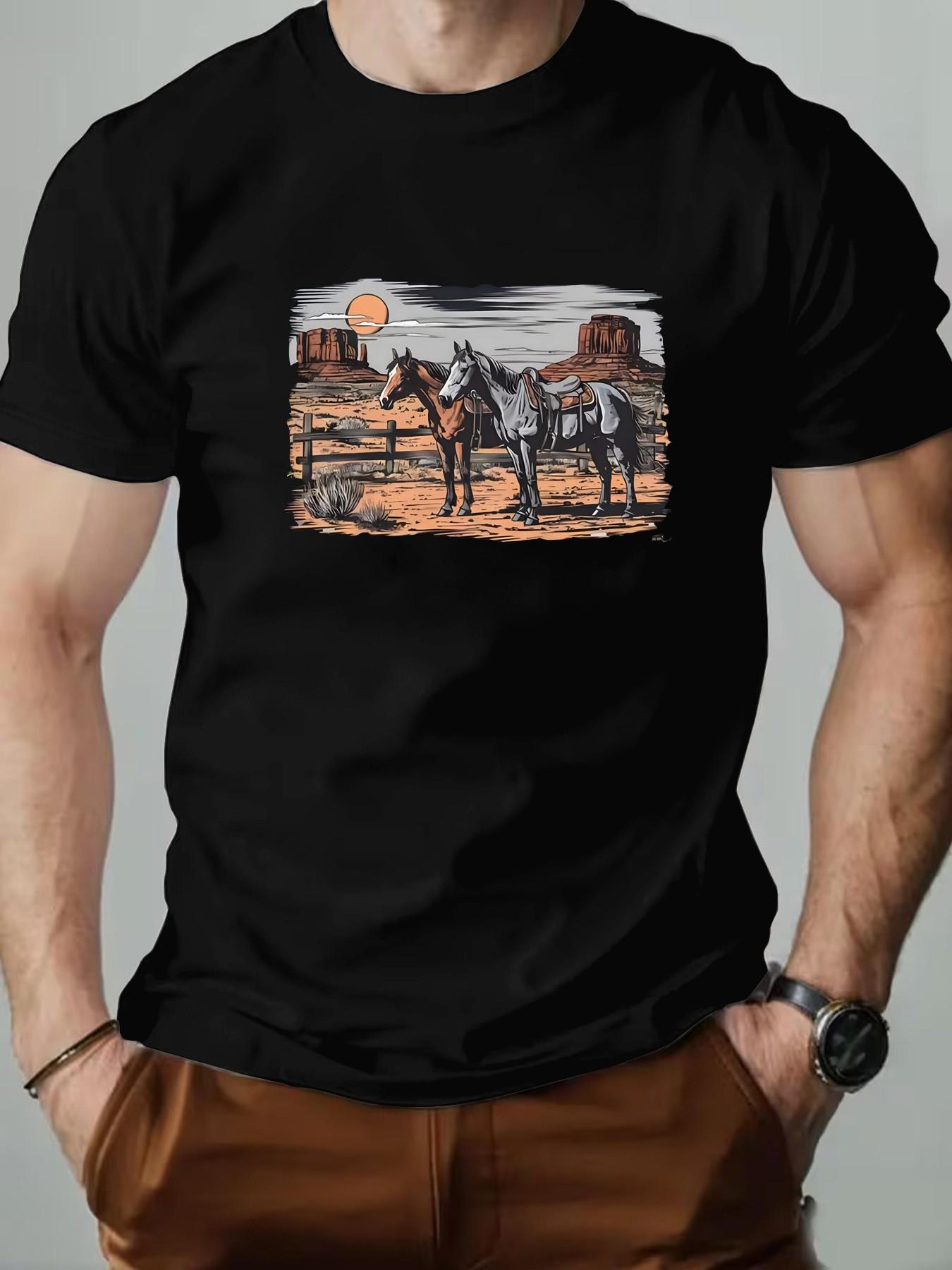 Men's Round Neck T-Shirt, Retro Western Desert Animal Geometric Print, Slim-Fit Casual Short Sleeve, Perfect for Daily Wear and Gifts